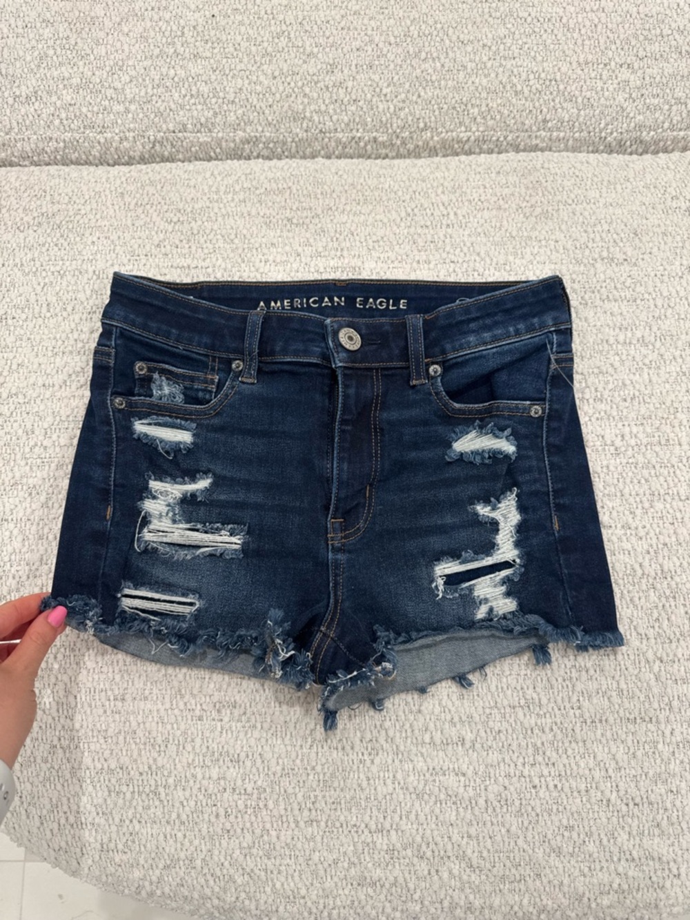 American Eagle Outfitters High Rise Dark Blue Distressed Jean Shorts